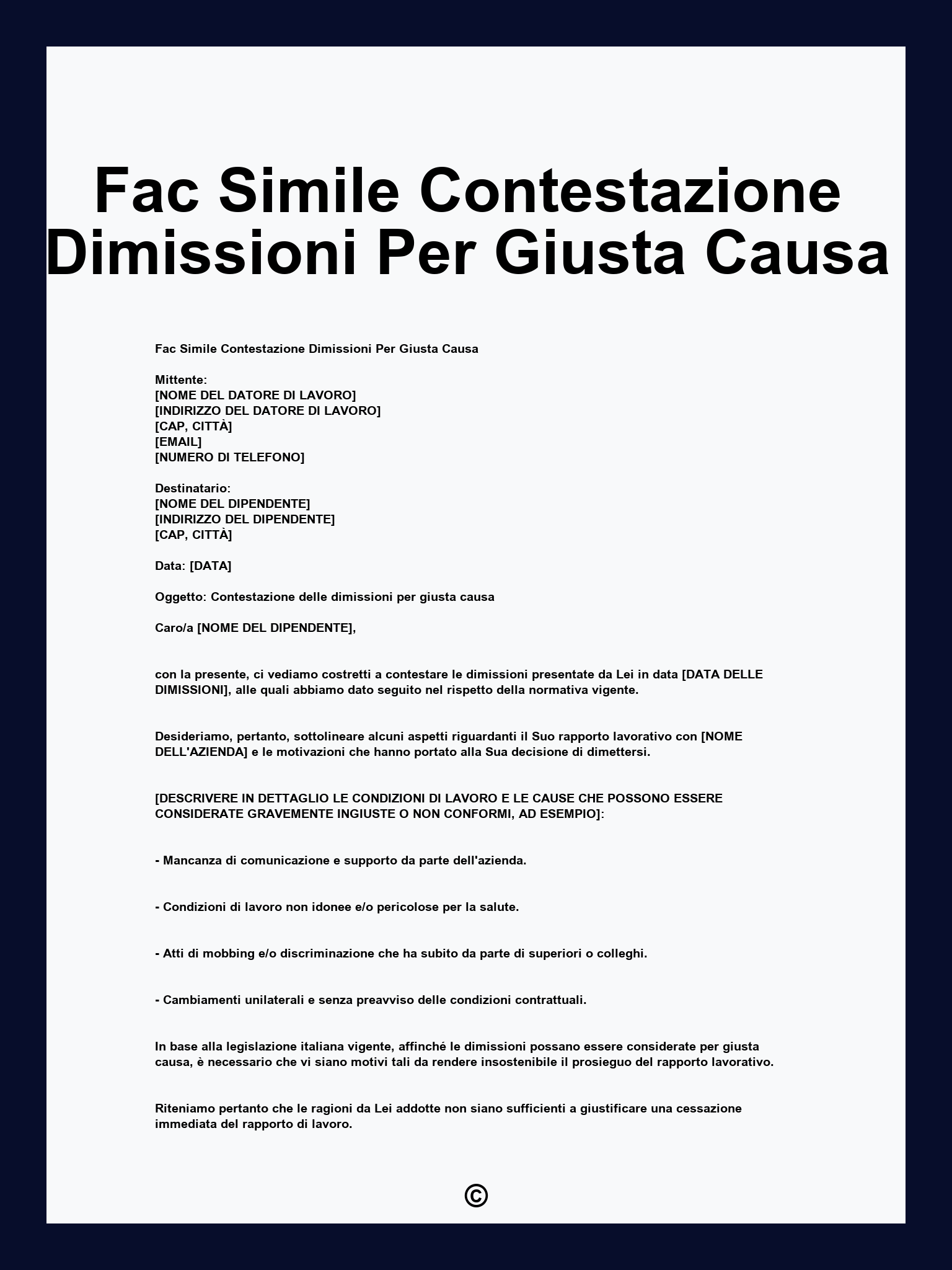 Fac Simile Contestazione Dimissioni Per Giusta Causa